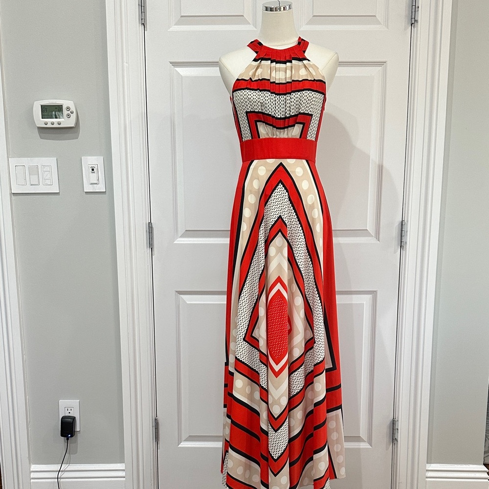 Eliza J Poppy Orange Scarf Print Crepe Halter Vacation Cruise Maxi Dress Size 2